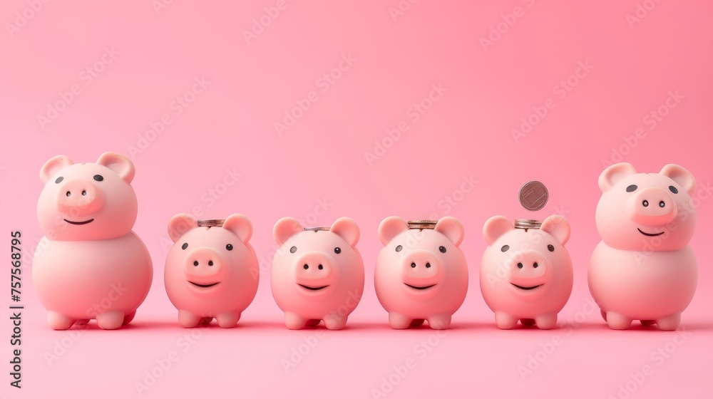 Pink piggy banks increasing in size, with coins falling into largest one. Pink piggy banks increasing in size, with coins falling into largest one.