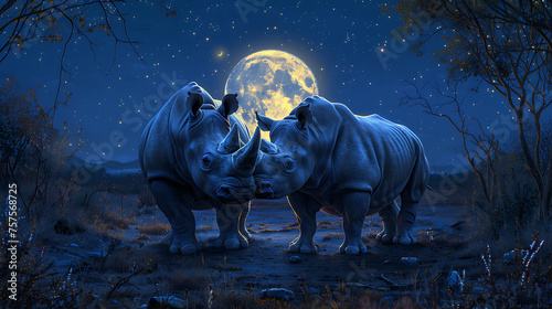 rhinos in the savannah at night