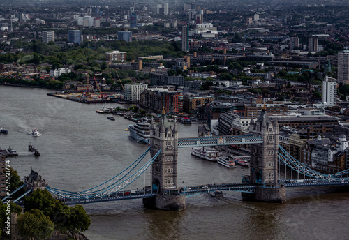 London tower bridge aerial view with river Thames and boats