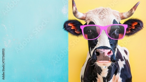 Cartoon character cow head wearing tinted glasses, attention is paid to the details of the tinted glasses, adding reflections and shadows to make them look believable on the cow's face