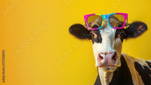 Cartoon character cow head wearing tinted glasses, attention is paid to the details of the tinted glasses, adding reflections and shadows to make them look believable on the cow's face photo