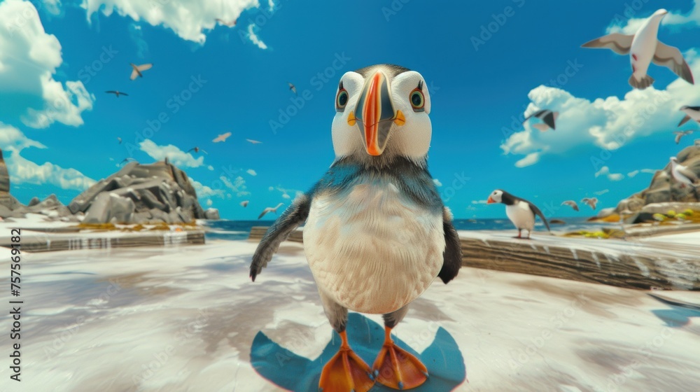 a bird standing on top of a surfboard in front of a beach with seagulls flying in the sky.