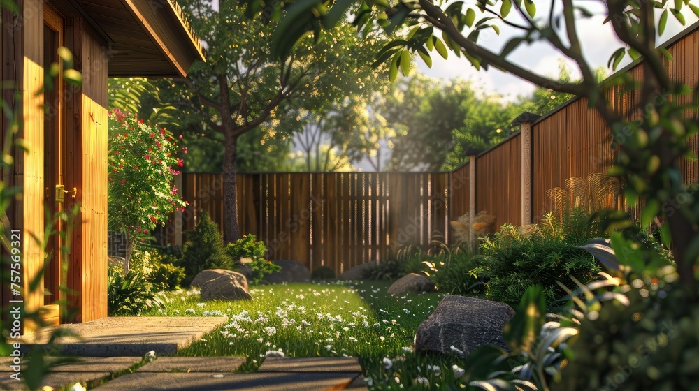 Obraz premium the welcoming home and wooden fence in the soft, natural light of a bright and sunny day to accentuate the warmth and texture of the wood, creating a realistic and inviting atmosphere
