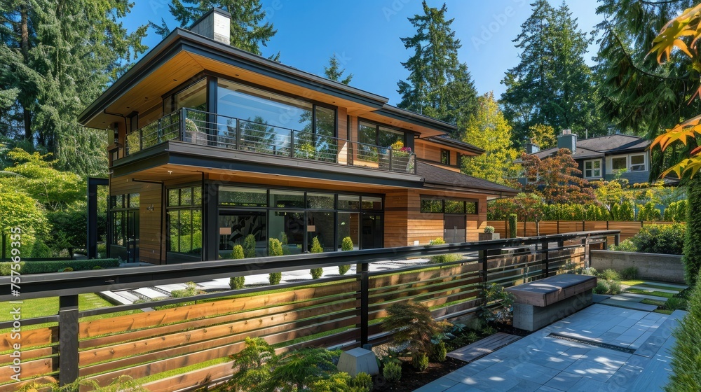 the welcoming home and wooden fence in the soft, natural light of a bright and sunny day to accentuate the warmth and texture of the wood, creating a realistic and inviting atmosphere