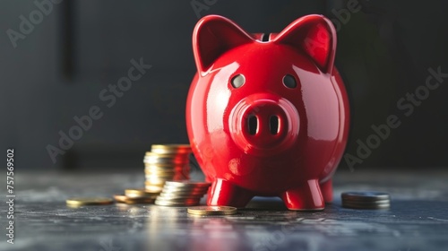 Real estate or home savings red piggy bank, coins and a house photo