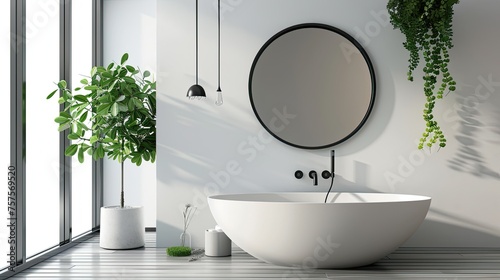 The interior of the bathroom is in a minimalist style and light colors. Close-up of mirror  bathroom  sink and potted plants