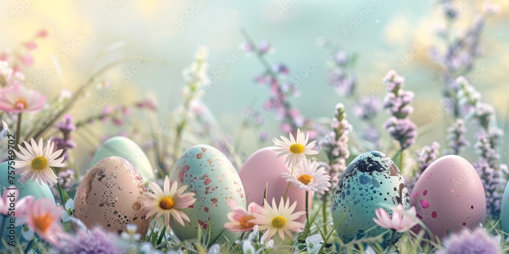 Close up of spring landscape with wild flowers in green grass on meadow with Easter eggs. Close up of spring landscape with wild flowers in green grass on meadow with Easter eggs.
