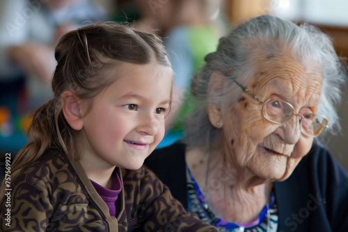 Generations together: joyful child with elderly woman