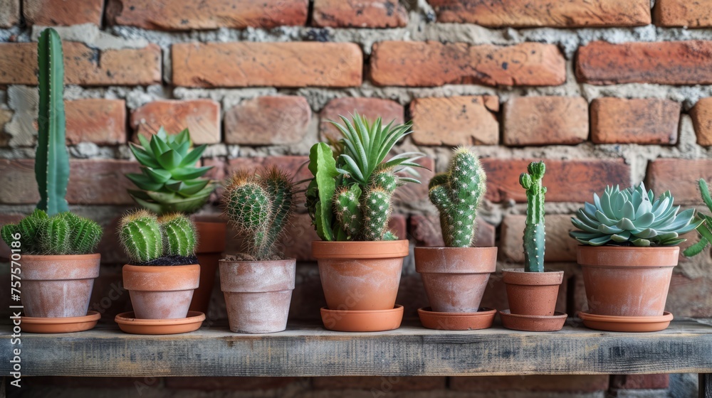 Assorted Cactus and Succulent Plants in Pots on a Wooden Shelf