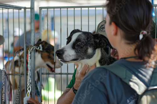 Volunteer cuddling rescued dog at adoption event