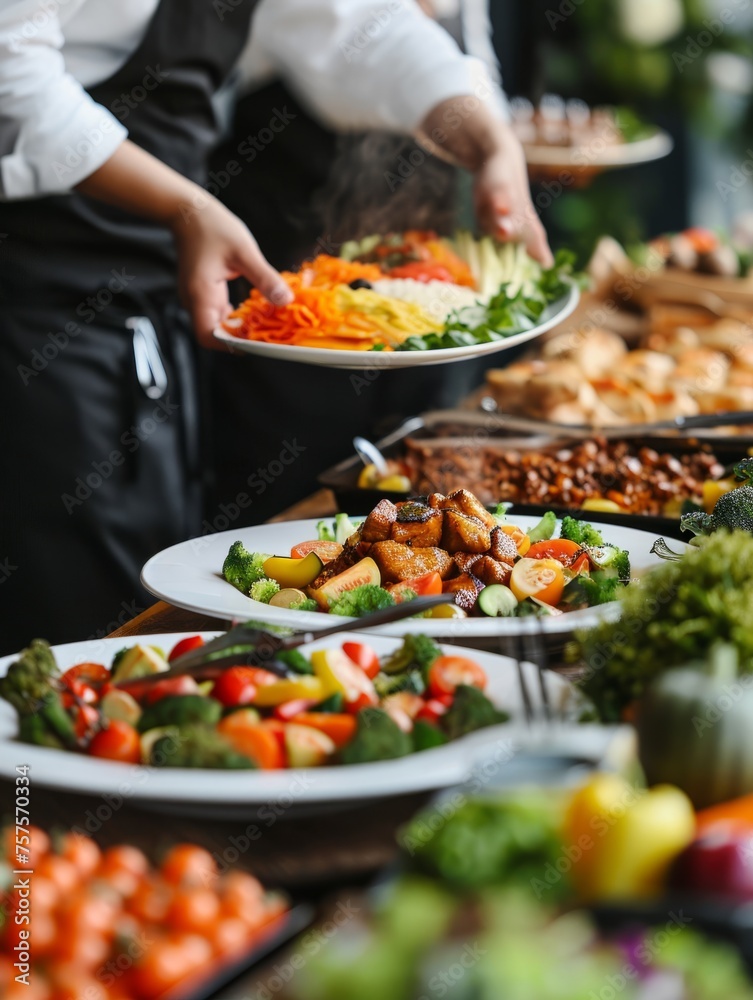 Group Catering Buffet Indoors with Colorful Meat, Fruits, and Vegetables