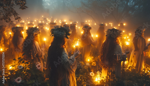 Ethereal Candlelit Gathering of Witches in Misty Forest Celebrating Spring Equinox
