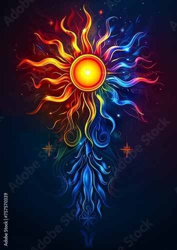 The sun was shining, pagan symbol. Universal Sun Symbol in Multicultural Interpretation. Slavic Sun God Yarilo photo