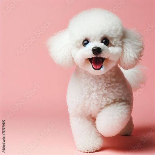 Full body portrait excited white Toy Poodle dog on solid pastel pink background