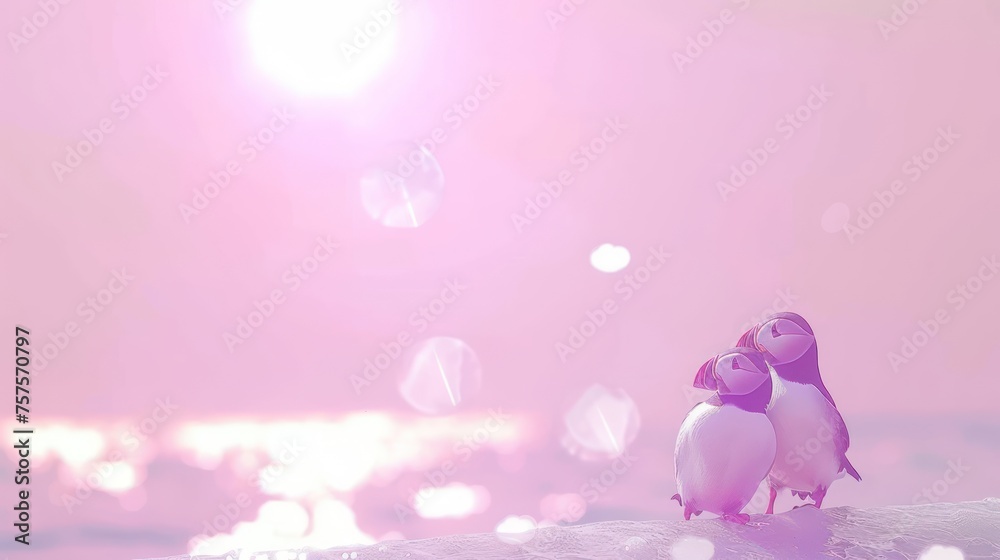 a couple of birds standing next to each other on top of a snow covered ground in front of a bright pink sky.