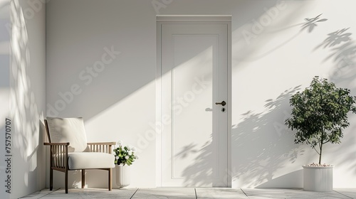 A bright white front door surrounded by flowers and other potted plants and an armchair or bench in front  in a modern  minimalist style. Beautiful entrance to the house.
