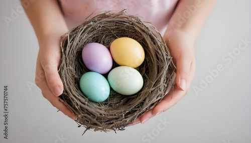 Girl holding a nest with colored Easter eggs created with generative ai