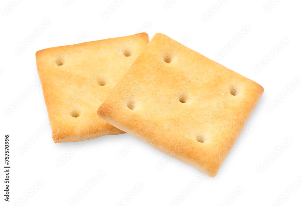 Two crispy crackers isolated on white. Delicious snack Two crispy crackers isolated on white. Delicious snack