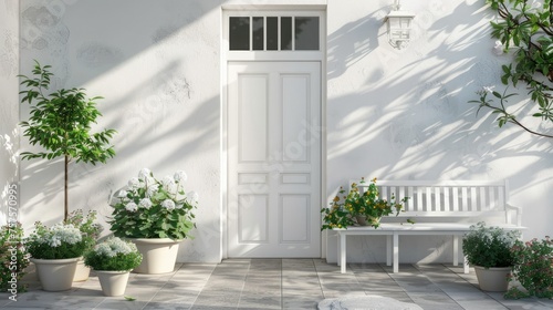 A bright white front door surrounded by flowers and other potted plants and an armchair or bench in front, in a modern, minimalist style. Beautiful entrance to the house.