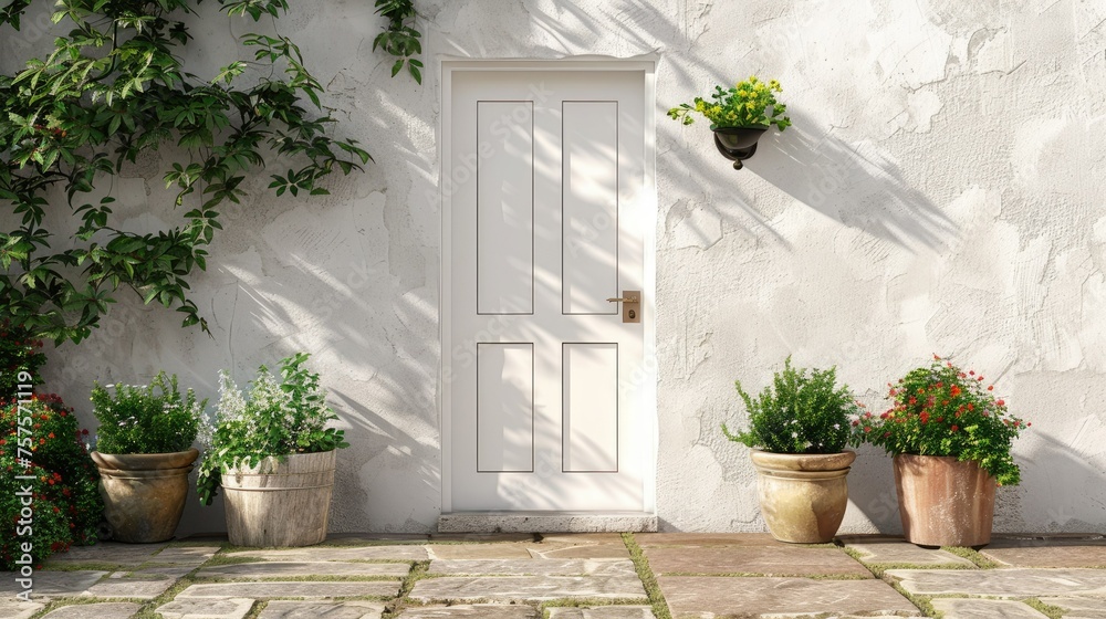 Naklejka premium A bright white front door surrounded by flowers and other potted plants and an armchair or bench in front, in a modern, minimalist style. Beautiful entrance to the house.