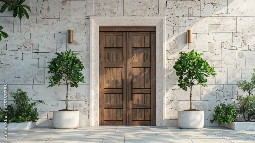 Fototapeta premium Close-up of the wooden front door of a white house, flanked by potted flowers and other plants, in a modern minimalist style. Beautiful entrance to the house.