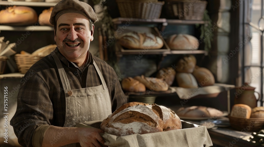 a baker holds a tray of freshly baked bread while in a bread bakery, the background accurately represents a bakery production room with visible baking equipment, ingredients and other bakery products