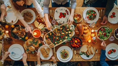 Top-Down View of Festive Dinner with Diverse Family and Friends