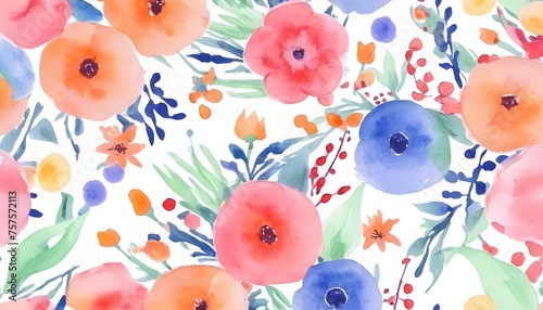 Seamless watercolor flower pattern with colorful flowers on a white background

