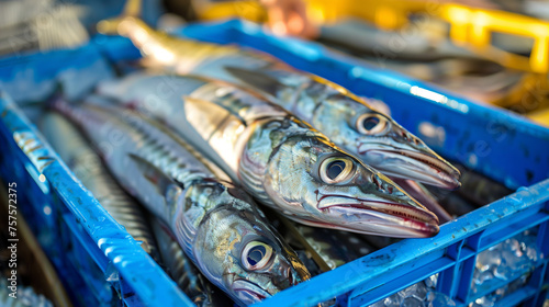 Freshly caught Snoek fish from the ocean on ice in crates displayed at the harbour for sale. Thyrsites atun known as the snoek in South Africa and as the barracouta in Australasia photo