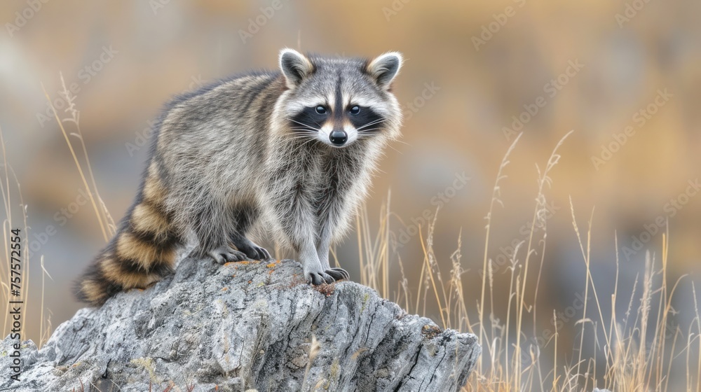 a raccoon standing on top of a rock in a field with dry grass and a blurry background. a raccoon standing on top of a rock in a field with dry grass and a blurry background.