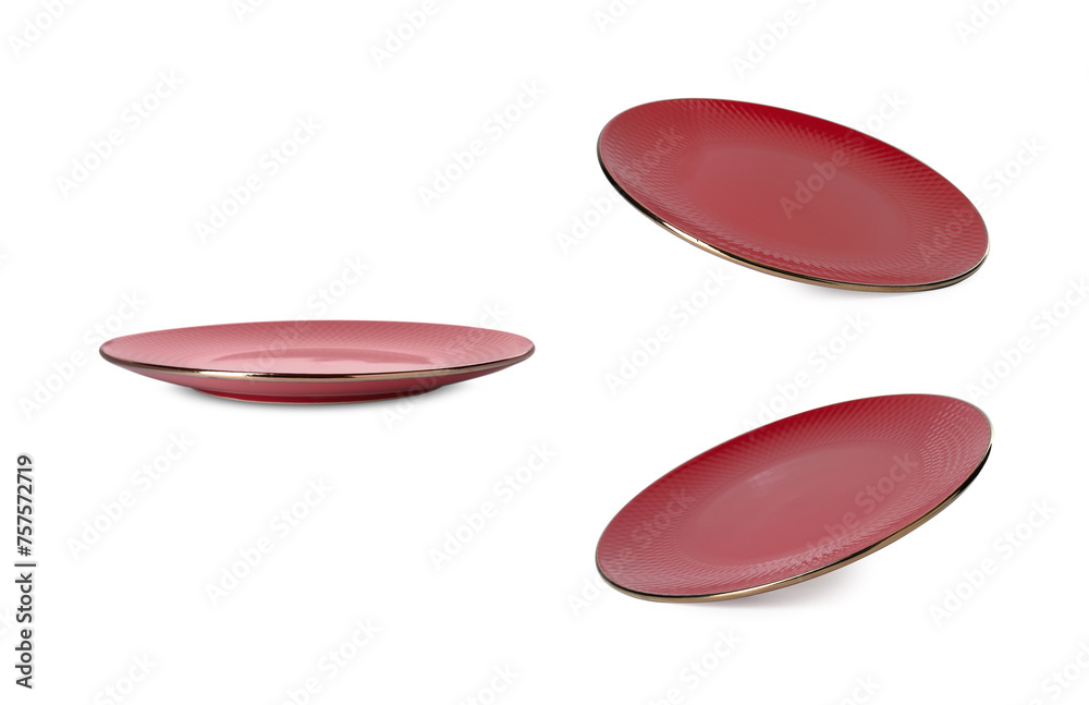 Empty ceramic plate isolated on white, set with different views Empty ceramic plate isolated on white, set with different views