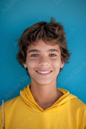 Realistic photo, teenager, boy, brasilian, 16 years old, smiling, in casual clothes in blue and yellow tones, Royal color palette is blue, small shades of blue, white and yellow studio light