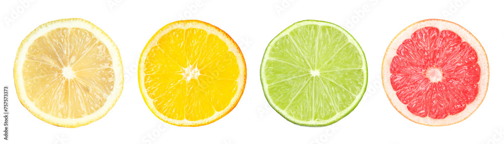 Citrus fruits. Cut fresh lemon, grapefruit, lime and orange isolated on white, top view Citrus fruits. Cut fresh lemon, grapefruit, lime and orange isolated on white, top view