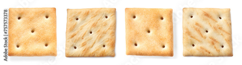 Set of delicious crackers isolated on white, top view. Banner design