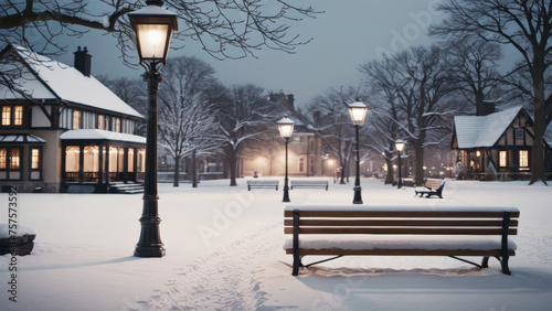 Urban Tranquility: Park Bench, House, and Street Light Creating Serene Ambiance