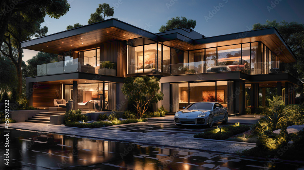 Step into a captivating residence that seamlessly blends attractiveness and uniqueness, complete with a garage featuring a parked car and a beautifully landscaped garden. 