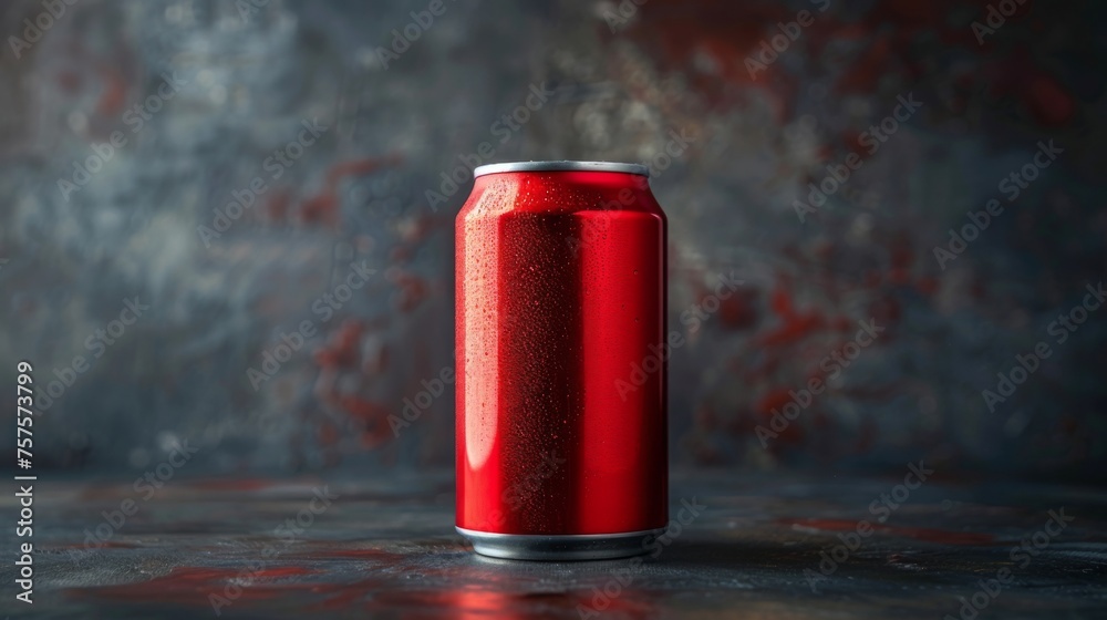 Red aluminum blank soda can with water, dew drops. Blank labeled. Isolated on dark background. Room for copy space. Red aluminum blank soda can with water, dew drops. Blank labeled. Isolated on dark background. Room for copy space.
