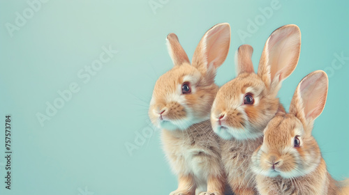 three adorable young rabbits with pastel colored light blue background