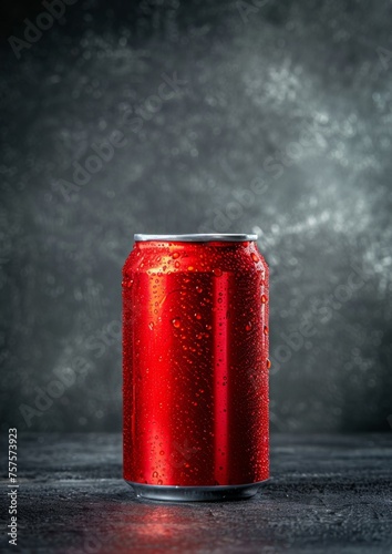 Red aluminum blank soda can with water, dew drops. Blank labeled. Isolated on dark background. Room for copy space.