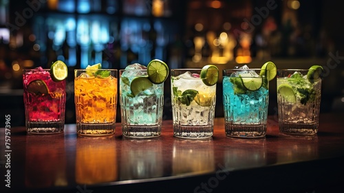 Colorful cocktails on bar table in night club photo
