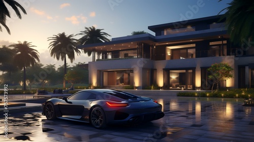 Luxury Villa with Expensive Car  Lavish Living with High-End Automobile