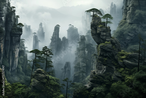 Eerie mist blankets a desolate, cold, rocky landscape, where jagged peaks pierce the sky and sparse vegetation clings to rugged terrain, creating a haunting and atmospheric scene evoking a sense ©  Princess Turandot