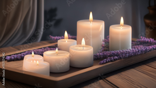 Romantic Ambiance: Candles with Lavender Flowers on a Tray in a Spa or Bedroom