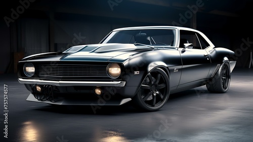 Powerful Black Muscle Car  3D Illustration  8k .  