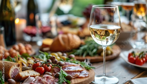 Elegant glass of white wine with a spread of various appetizers. Gastronomy and wine tasting. Food and drink key trends