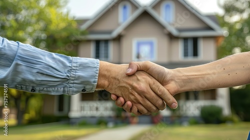 Finalizing Property Purchase: Real Estate Agent and Client Handshake in Front of New Home