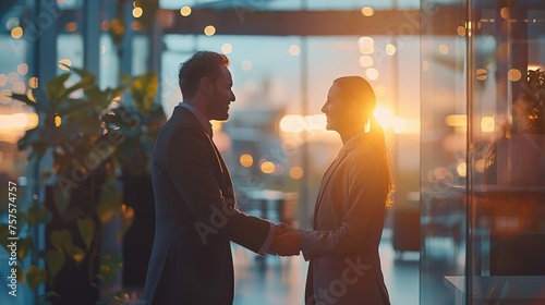 Sealing the Deal: Business Professionals Handshake in Bright Office Signifying Successful Negotiation