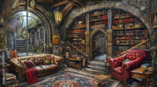 a painting of a living room with a couch, chair, bookshelf, stairs and a spiral staircase. photo