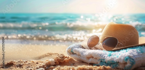 Sunglasses, a towel and beach hat on a summer background with a blurred sea view Generative AI