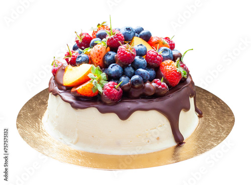 Delicious cheesecake with melted chocolate, apples, strawberries, blueberries, peaches, raspberries and kumquats on the top, rustic background